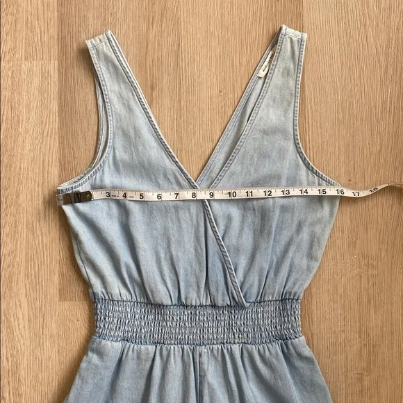 American Eagle Denim Romper | Ruffle Hem Smocked Waist Chambray Mini Romper XS - Picture 11 of 13